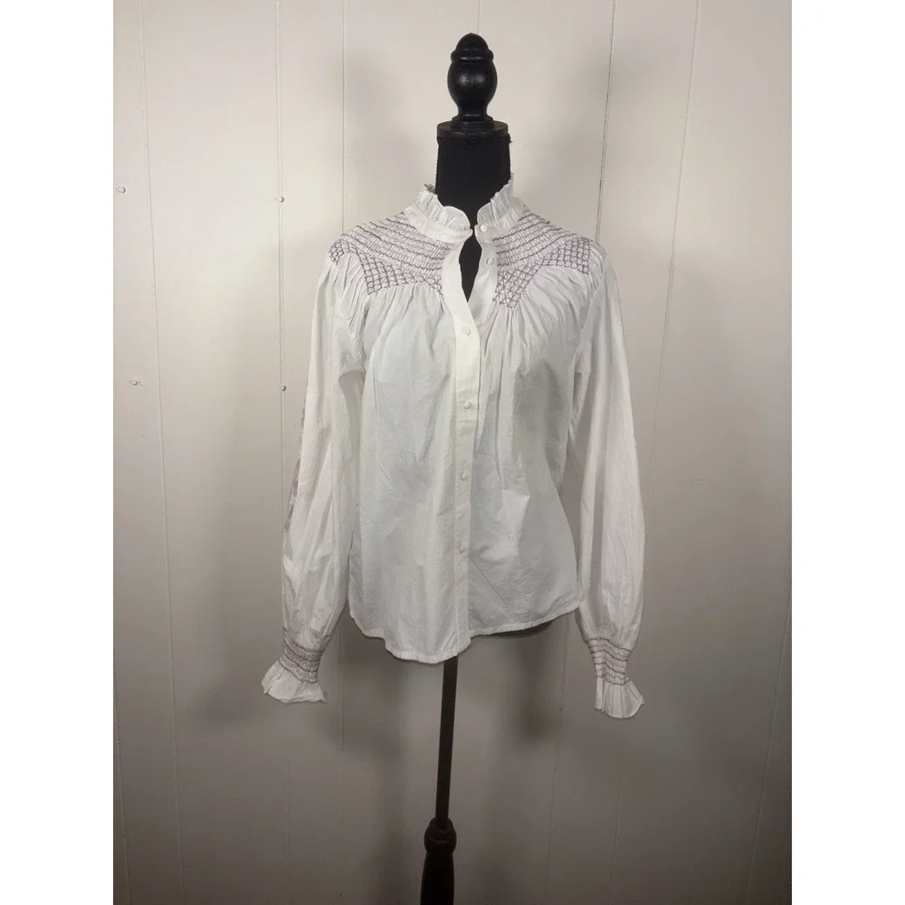 veroalfie embroidered ruggle smocked‎ blouse white Puff Sleeve Anthropologie 2